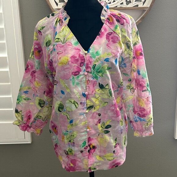 Hester & Orchard Shirt Linen Pink Yellow Watercolor Floral Blouse 3/4 Sleeve SZM - Picture 1 of 8
